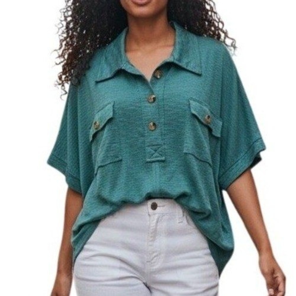 BUCKET LIST Teal Green Oversized Half Button Cap‎ Sleeve Top NWOT Size Small